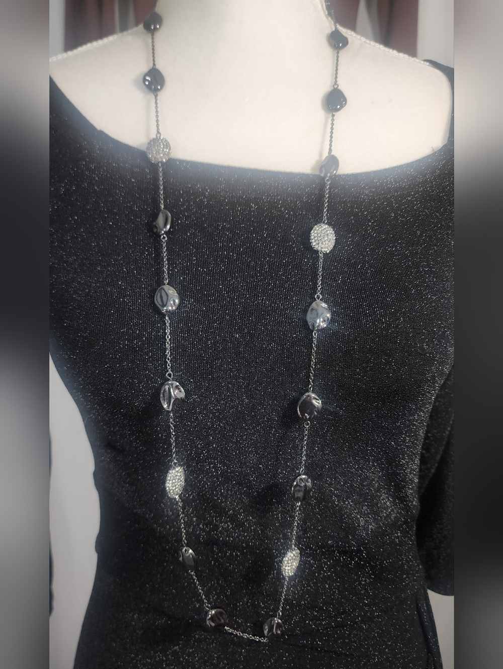 Chico's Alaska Elegant Long Black and Silver Bead Station Necklace -